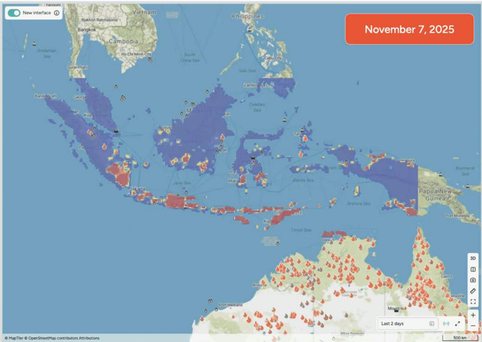 Short-term fire hazard forecast map in the Wildfire Solution web app, shaded from very low to very high risk