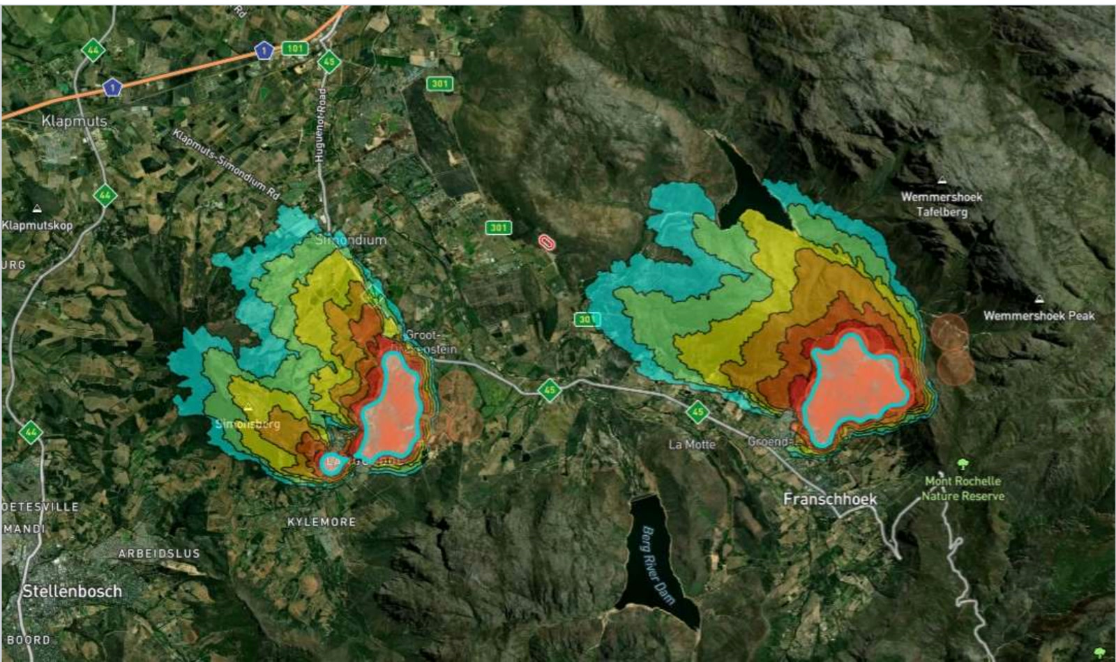 Modelled fire spread across the Stellenbosch to Franschhoek valley, banded by hours ahead
